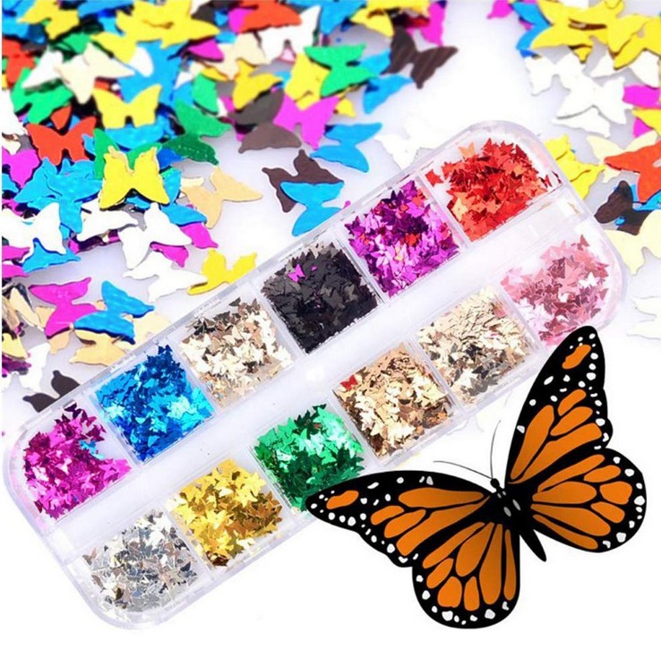 

Mirror Sparkly Butterfly Nail Sequins Paillette Mixed Colors Nail Holographic Glitter 3D Flakes Slices Art Accessories 12 Box, Multi
