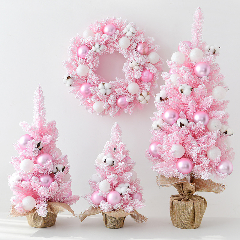 

30/45/60/90cm Pink Christmas Artificial Tree Snow folcked tree Wreath Ball Ornaments trees New Year Desktop Window Home Decor