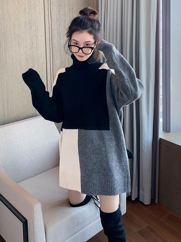

2020 New Women Casual Sweater Loose Turtleneck Color Block Women Knitwear Long Sleeve Female Autumn Pull Jumpers, Black