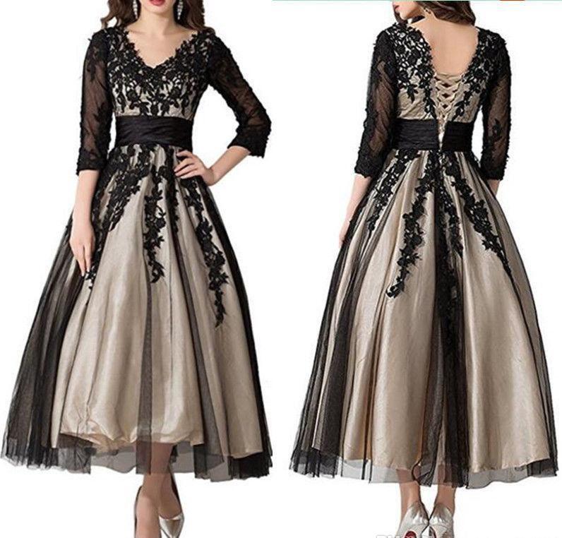 

3/4 Long Sleeves Black Lace Mother of the Bride Dresses Ankle Length V Neck Champagne Lining Wedding Guest Dresses Special Occasion