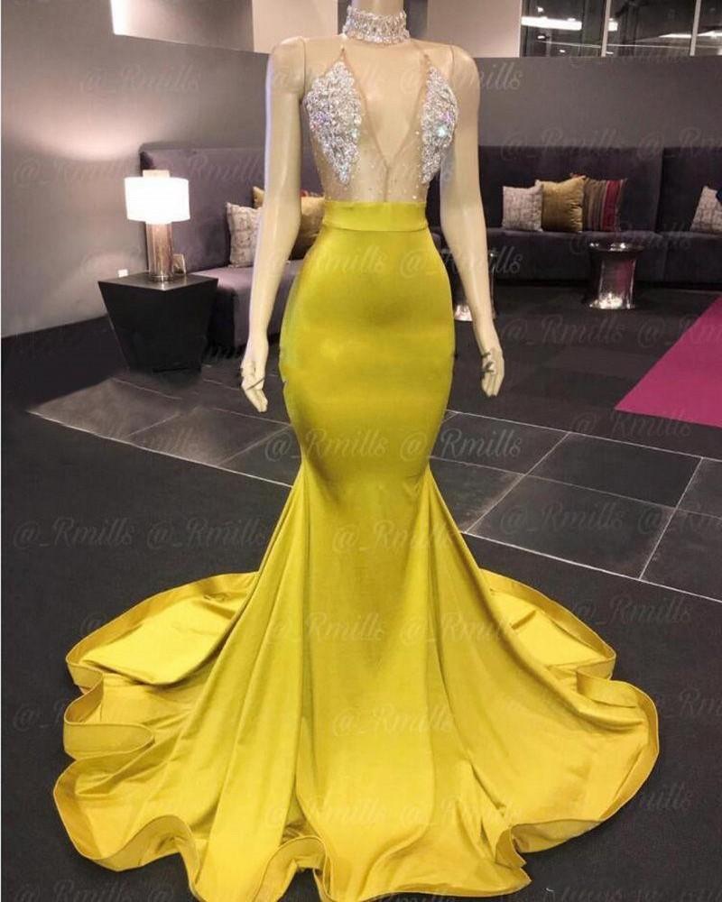 

Yellow Halter Mermaid Prom Dresses See Through Illusion Formal Party Dress Evening Wear vestido de festa Custom Made, Brown