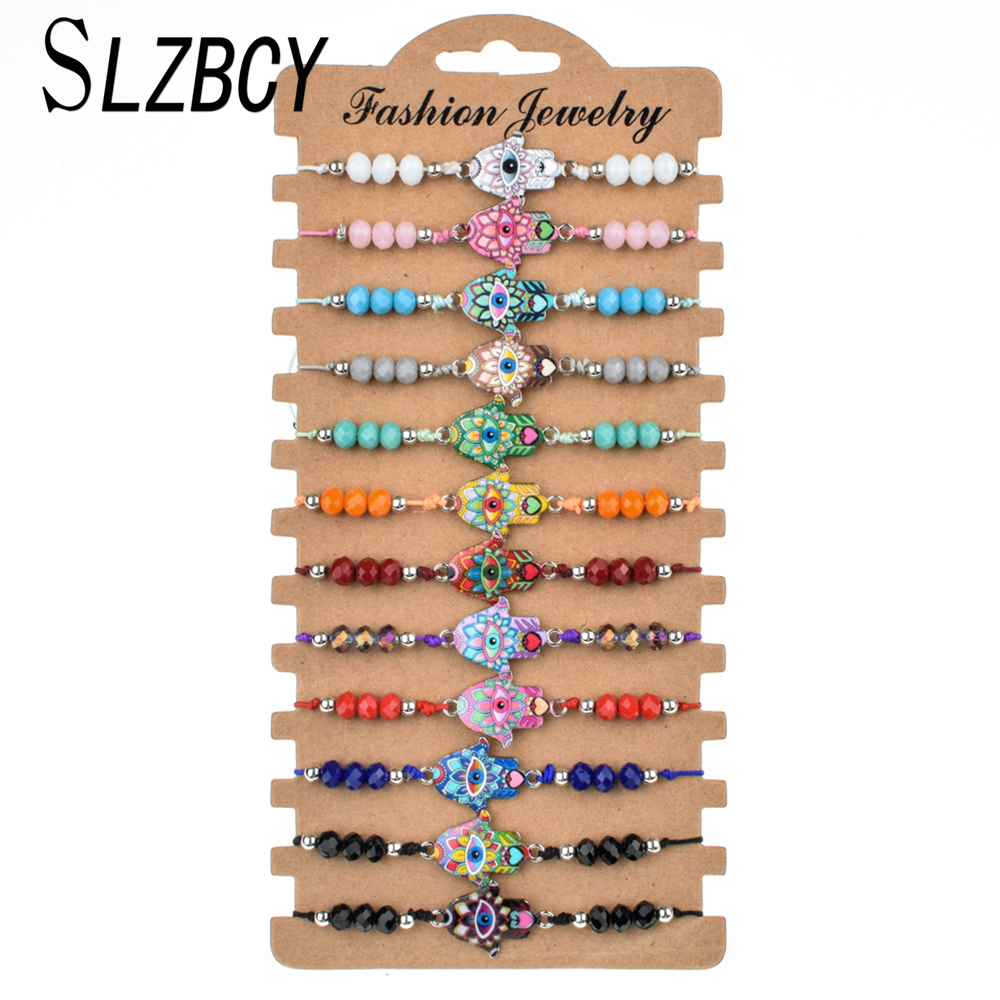 

12 pcs/set Fashion Enamel Fatima Hand Adjustable Bracelets Women Men Evil Eye Crystal Beads Friendship Bracelet Charms Jewelry