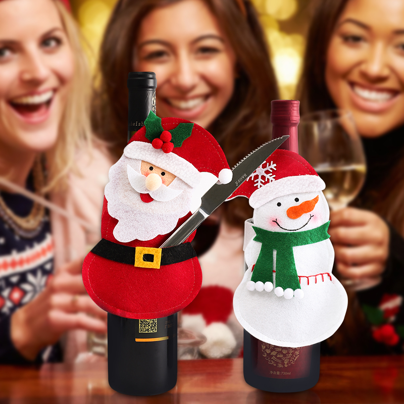 

Christmas Wine Bottle Decor Set Knife Fork Bags Santa Claus Snowman Bottle Cover Clothes Kitchen Decoration For Xmas Party