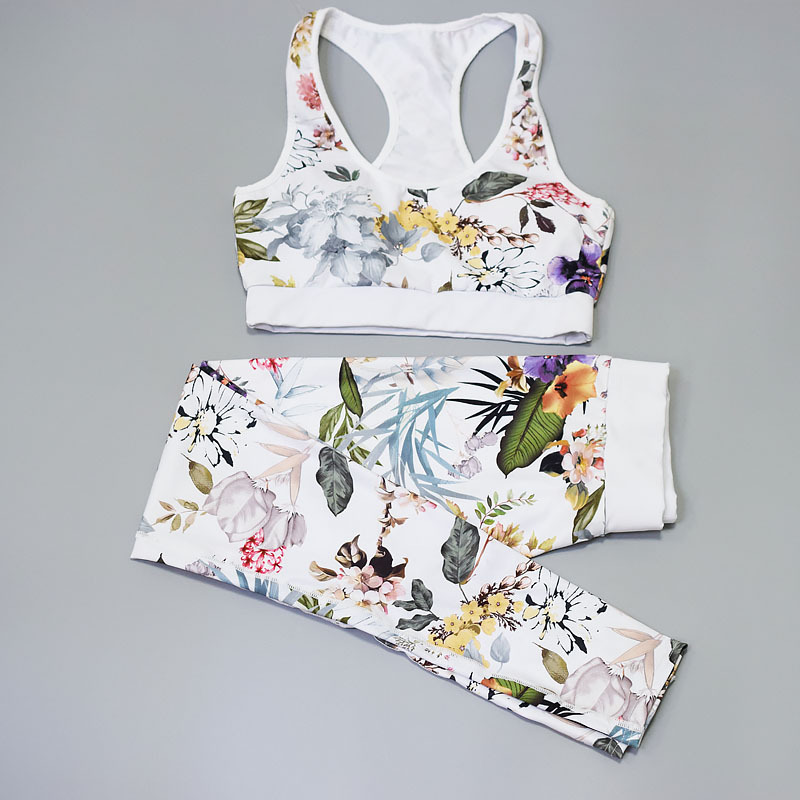 

Seamless Yoga Set Women Fitness Clothing Fitness Set Sport Suit Tank Top Pants 2 Piece Bra+Pants Ink Flower Printing Tracksuit, Ivory