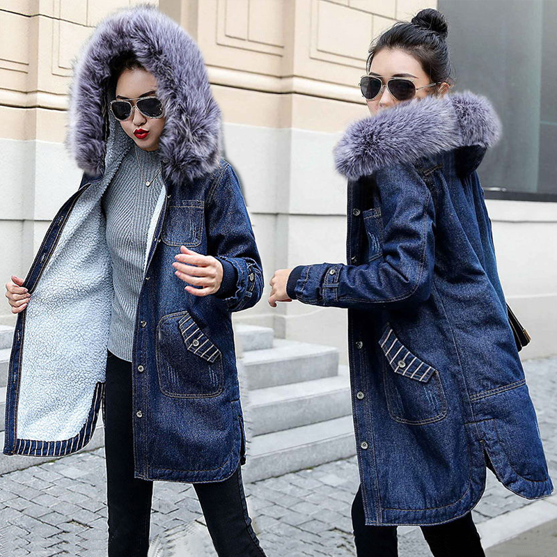 

European Ladies Winter Jeans Jacket Hooded big fur collar Denim jacket female Warm Wool lining Jean Coat Women Large size 5XL, Navy blue 4
