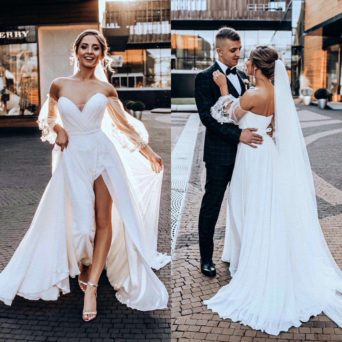 

Fashion Wedding Dresses Sweetheart Long Sleeves Split Lace Chiffon Bridal Gowns Custom Made Backless Sweep Train A-Line Wedding Dress, Silver