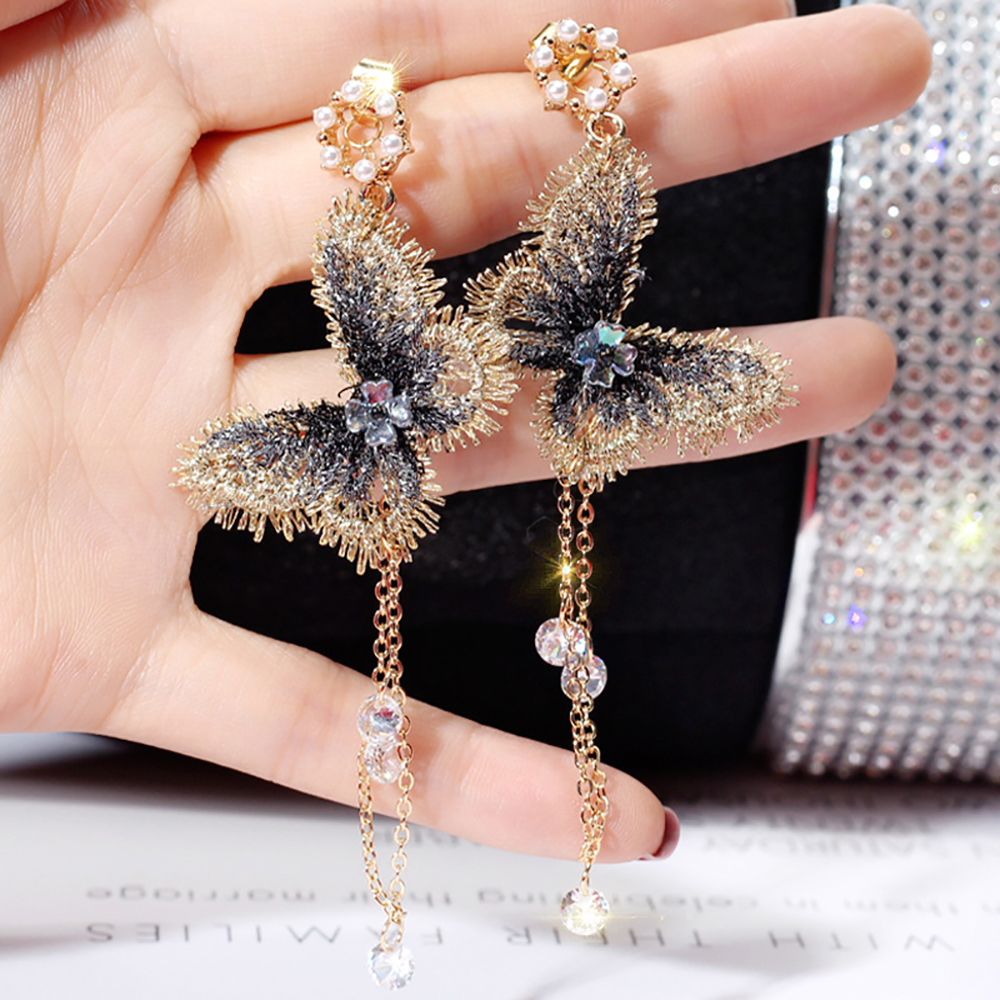 Charme broderie papillon Cristal Tassel Dangle Boucles d/'oreilles femmes mariage bijoux