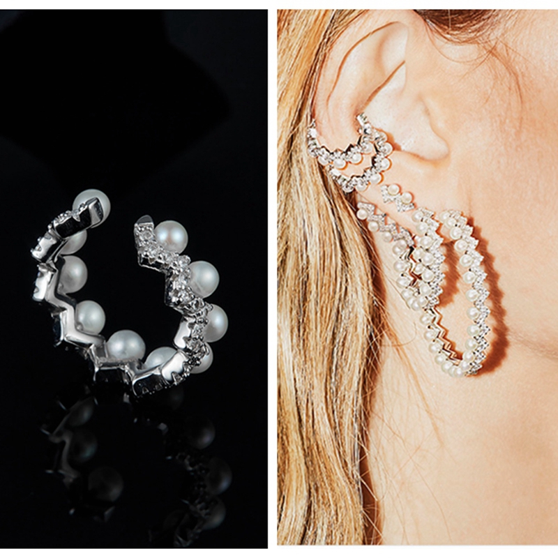 

One Full Zircon Freshwater Pearl 925 Sterling Silver Wave Cuff Clip Earrings Geometric Gear Clip Ear Women Fine Wedding Jewelry