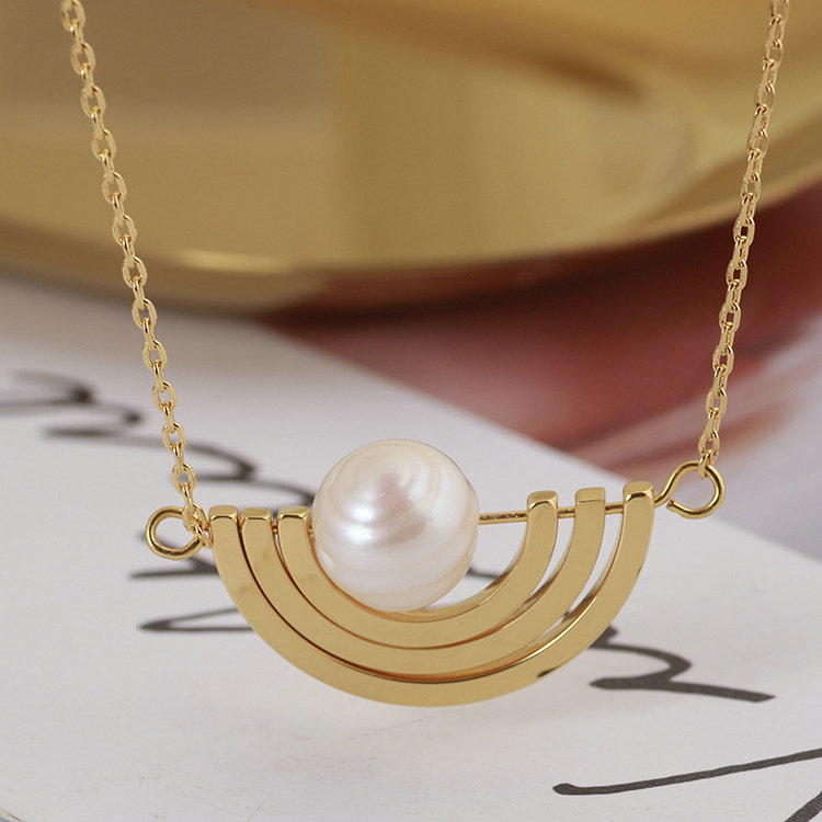 

Free shipping Real Gold Plated Half Moon Natural Pearl T Logo Pendant Necklace B Chian Brand, Silver
