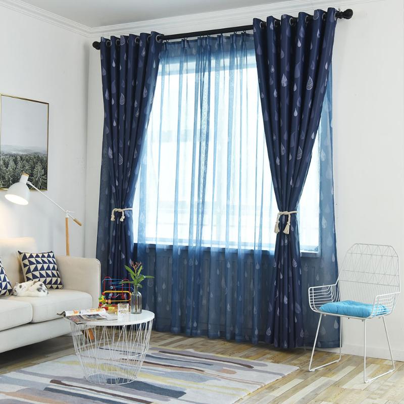 

Nordic Style Raindrop Printed Blackout Window Curtains for Living Room Kitchen Blinds Finished Drapes, Blue tulle