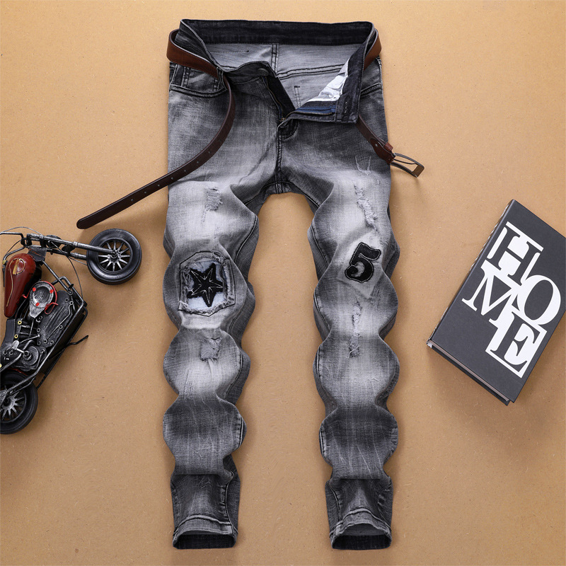 

Nice AUTUMN Winter Men Patchwork Ripped Embroidered Stretch Jeans Trendy Holes Straight Denim Trouers, No belt 16 8504