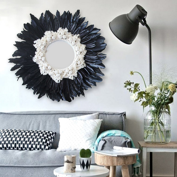Macrame Feather Wall Hanging Mirror Modern Handmade Tapestry Macrame Feather Wall Hanging Mirror