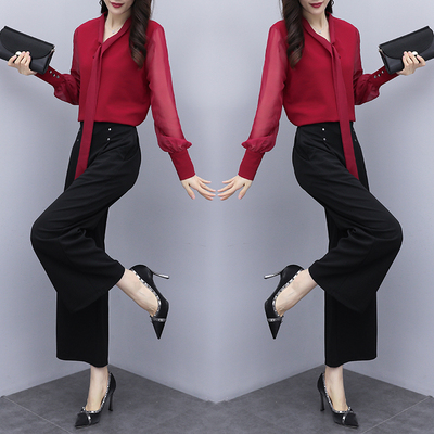 

2020 Summer Korean Fashion Wide Leg Pants Two Piece Set Long Sleeve Blouse Women Outfits Office Patchwork Plus Size Clothing, Red