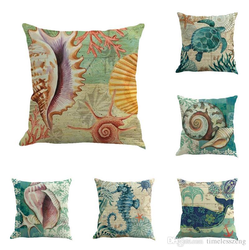 

Cotton and linen pillow case conch turtle hippocampus pattern sofa cushion cover Home office pillowcase 45*45cm, No