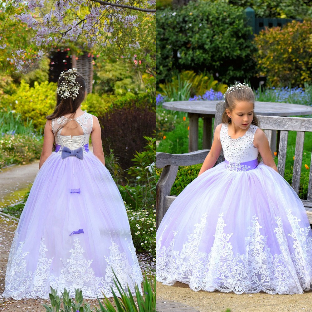

New Lavender Lilac Princess Flower Girls Dresses Jewel Lace Appliques Beaded Tulle Sleeveless Floor Length Birthday Child Girl Pageant Gowns, Ivory