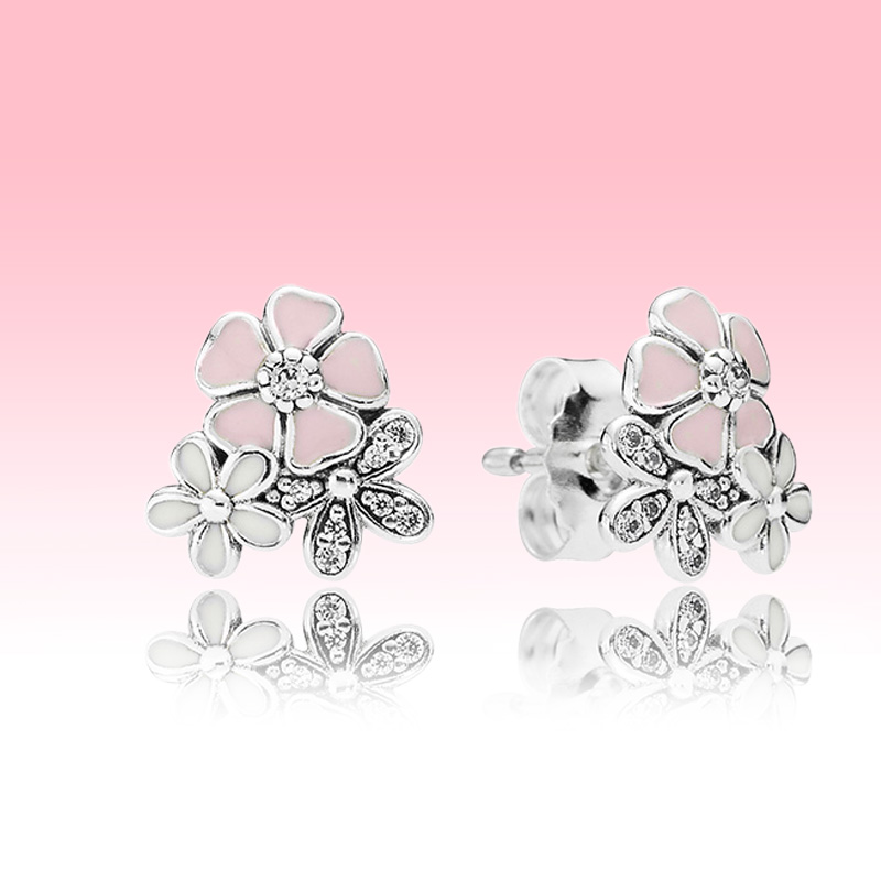 Pink Daisy cherry blossoms Stud Earrings Authentic 925 Sterling Silver designer Earrings Women Wedding Party Jewelry earrings with Luxurious Retail