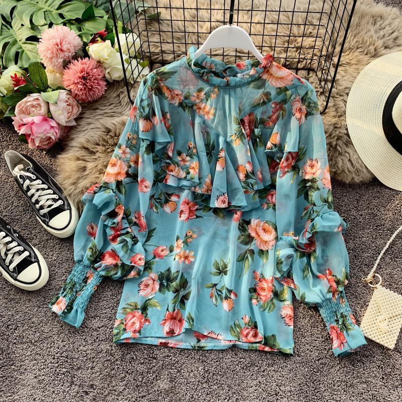 

2020 New Spring Autumn Women Vintage Ruffles Print Floral Chiffon Blouse Female Casual O-Neck Long Puff Sleeve Tops Shirt X84, Yellow