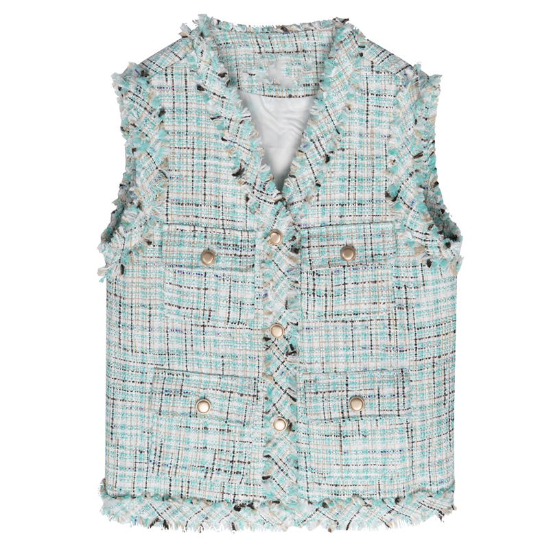 

PERHAPS U women light green Houndstooth tweed v neck sleeveless vest Single-breasted pocket tassel jacket C0275, Mint
