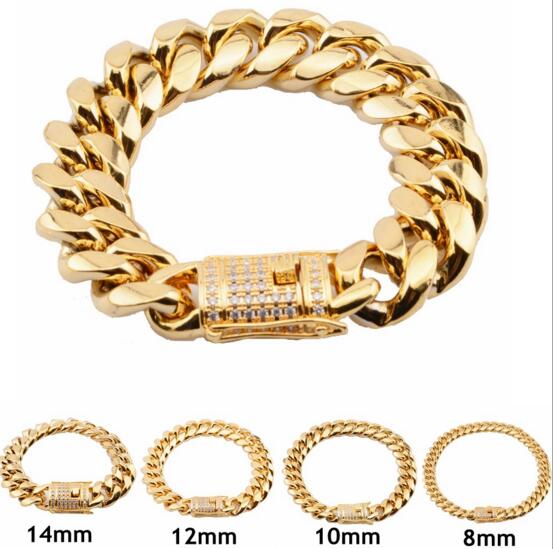 

8mm/10mm/12mm/14mm/16mm/18mm Stainless Steel Bracelets 18K Gold Plated High Polished Miami Cuban Link Men Punk Chain water Diamond Clasp