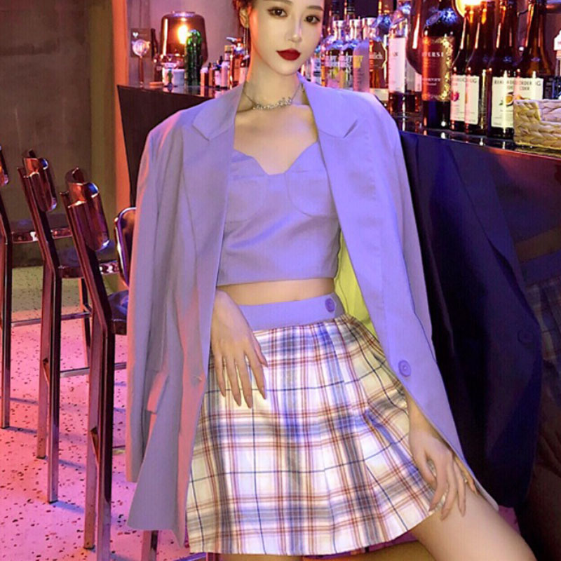 

Fashion Sexy Ladies Club Skirt Suit 2020 Long Purple Loose Blazer+Mini Plaid Pleated Skirt Summer Korean Women Blazer Suit, Plaid skirt