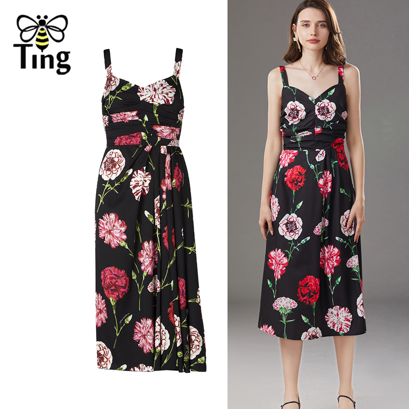 

Tingfly Runway Summer Vintage Elegant Carnation Flower Floral Dress Spaghetti Strap Midi Long Casual Dress Club Outfits Zaful D, As picture