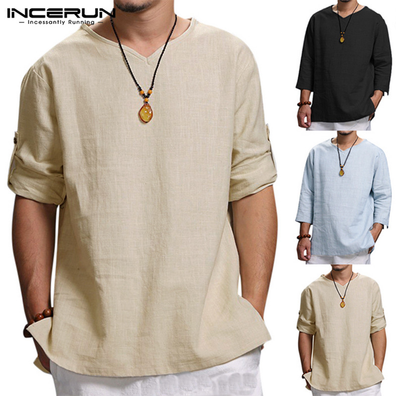 Chinese Style Vintage Mens Shirts Loose Long Sleeve Loose Tops Cotton Solid Color Spring Camisa Masculina 2020 Male Shirts S-5XL