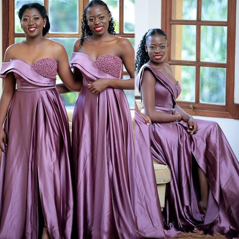 

Sexy Bridesmaid Dresses One Shoulder Pearls A Line Wedding Guests Dresses High Split Formal Maid of Honor Dress Party Evening Gown