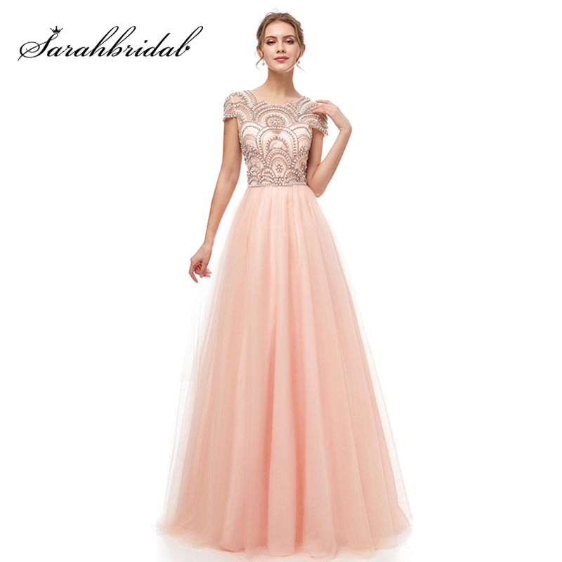 

2019 Formal Wear Ball Gown Evening Long Dresses Elegant Women's Tulle Cap Sleeve Beading Prom Party Gowns Special Occasion, Same as image
