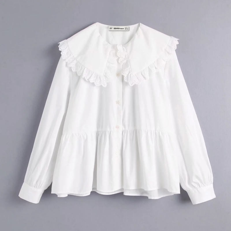 

new women elegant turn down collar lace crochet stitching casual smock Shirt Blouse women femininas chemise kimono shirts LS4067, As pic ls4067bb