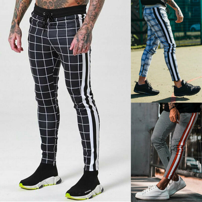 

Autumn Mens Long Casual Sport Pants Gym Slim Fit Trousers Plaid Jogger Sweatpants Bodybuilding Joggers Workout Trousers, Black