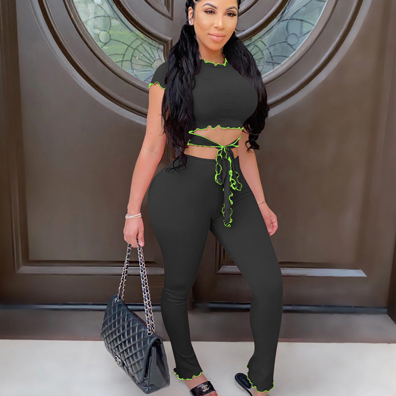 

Bandage Two Piece Set Women Crop Tops Long Pants Sets Summer Hollow Out Tracksuits Fitness 2020 Casual Matching Set, Black