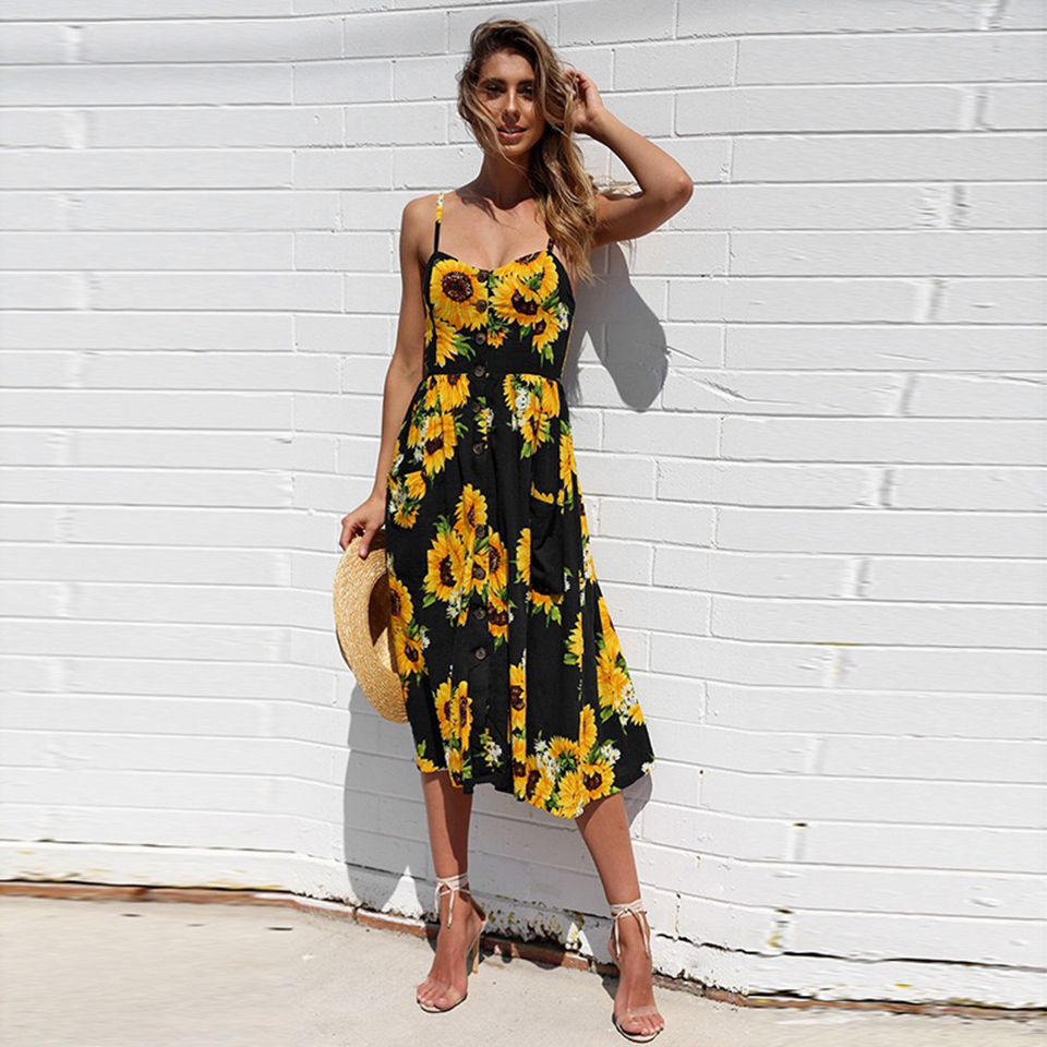 

Women Casual Dresses Sexy V Neck Backless Floral Summer Beach Dress Boho Striped Button Sunflower Party Midi Dresses, Black