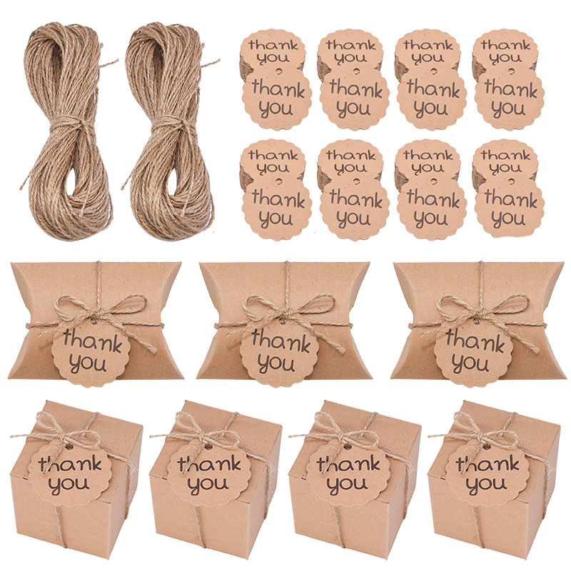 

20/50Pcs Kraft Paper Pillow Candy Boxes Wedding Party Favors Gift Boxes With Thank You Tags Birthday Party Home Supply