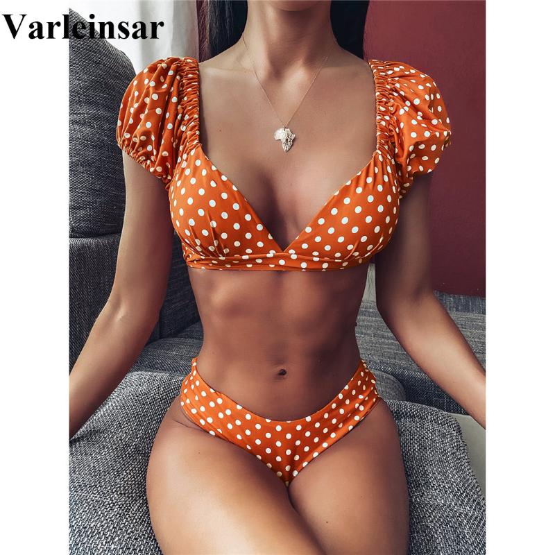

NEW Polka Dots V Neck Mid Waist Bikini 2020 Female Swimsuit Women Swimwear Two-pieces Bikini set Bather Bathing Suit Swim V1909