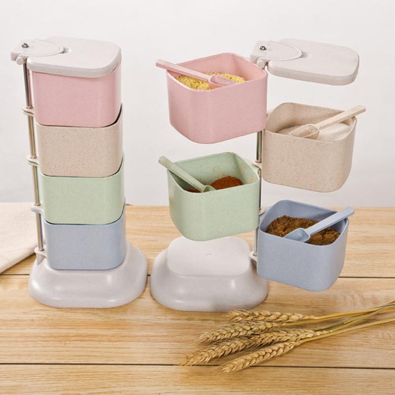 

Wheat Straw Seasoning Box Four Grid 360 Degree Rotary Vertical With Spoon Kitchen Stackable Container Spice Jar