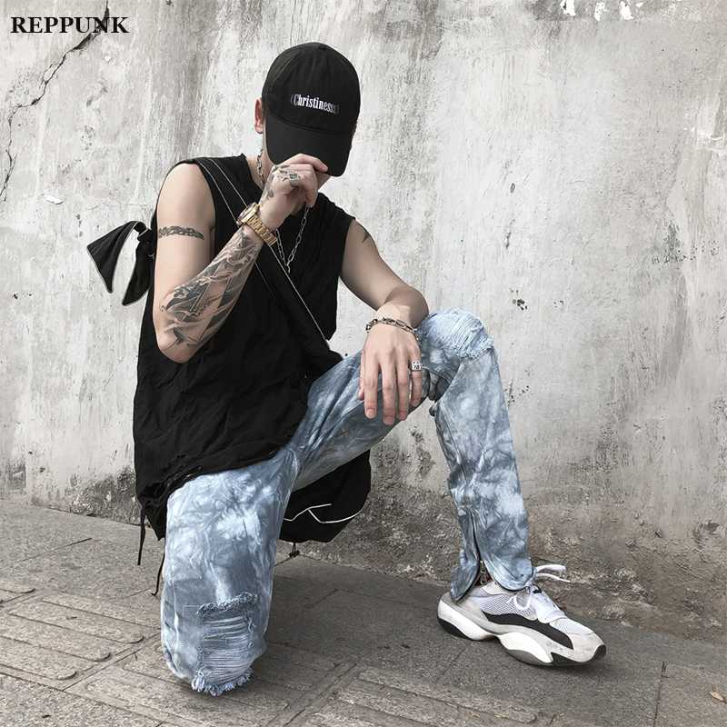 

2020 Slim Fit Men's Motorcycle Jeans Pleated Casual Biker Male Pants Broken Holes Straight Legs Hip Hop male loose denim pants, Blue