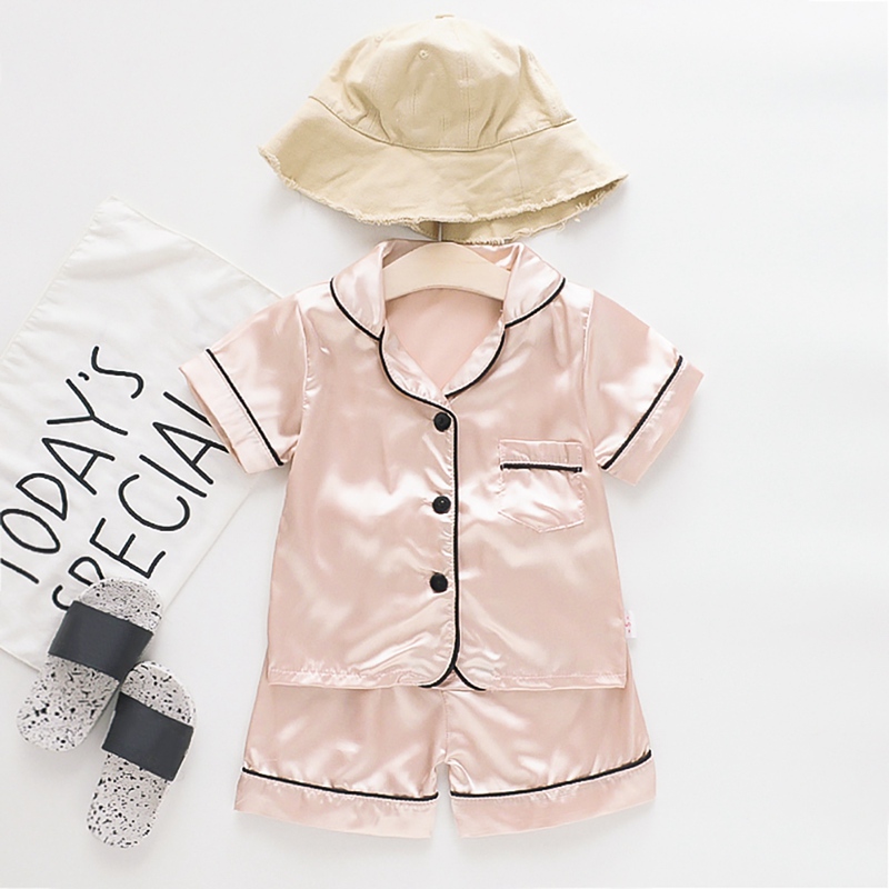 

Baby Pajamas Kids Girls Sleepwear Solid Color Print Short Sleeve Nightclothes Blouse Tops+Shorts Sleepwear Child Pajamas