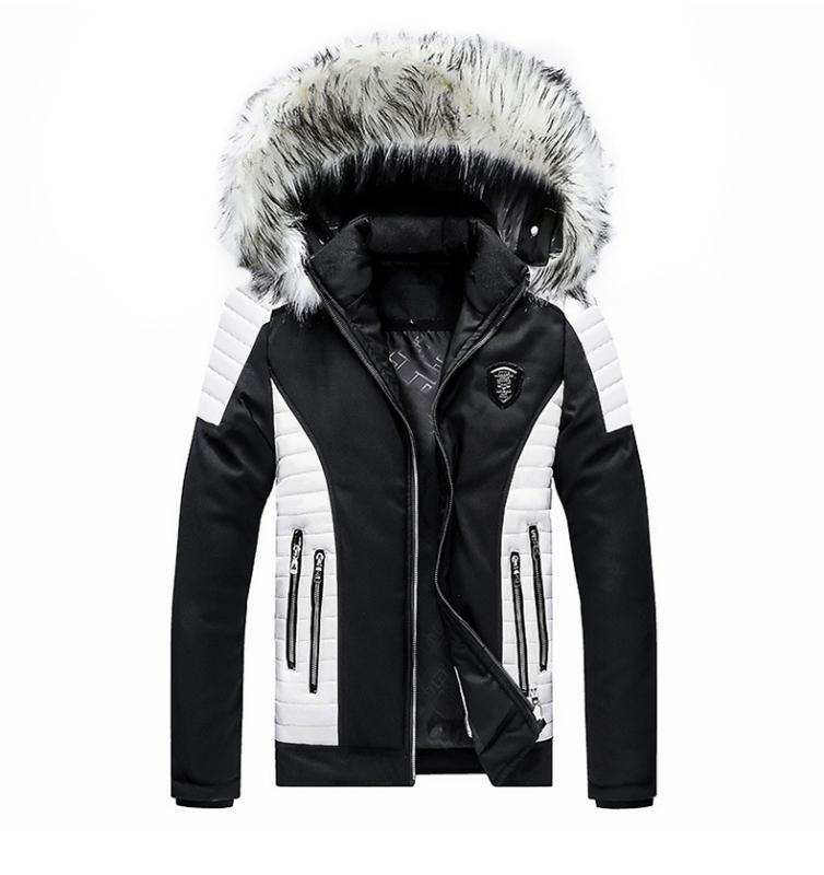 

New men's cotton sweater fur collar hat removable men's warm contrast color coat Europe and America plus size cotton men, Black 88058