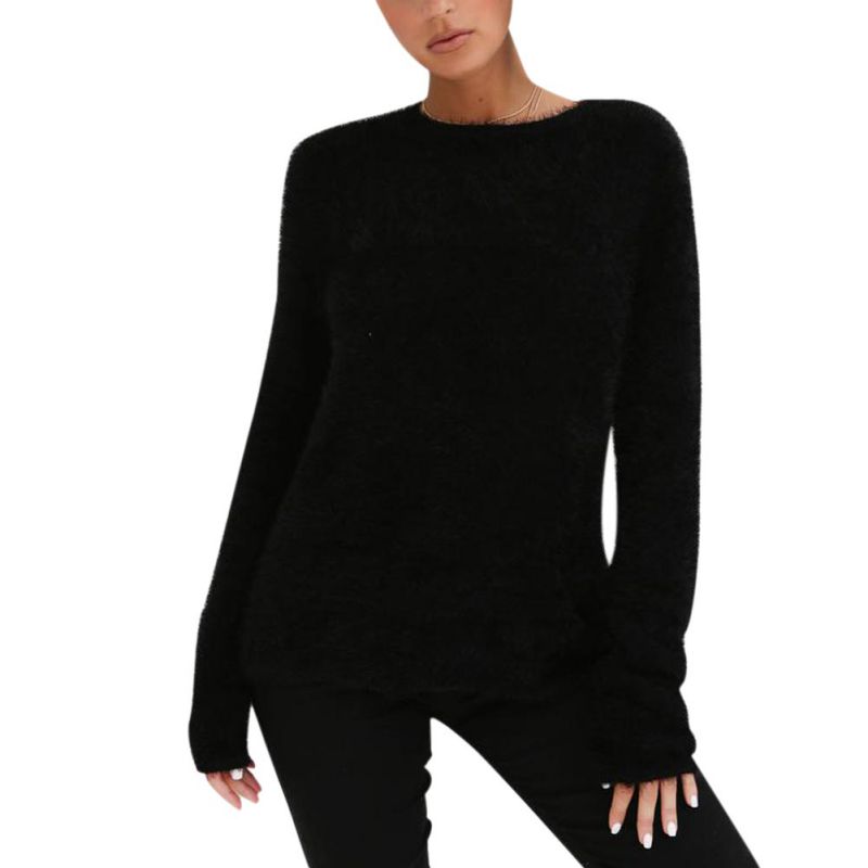 

Fashion Long Sleeve Blouse Tops Shirt Loose Pullover Sweaters Women Casual Plush Sweater, Black