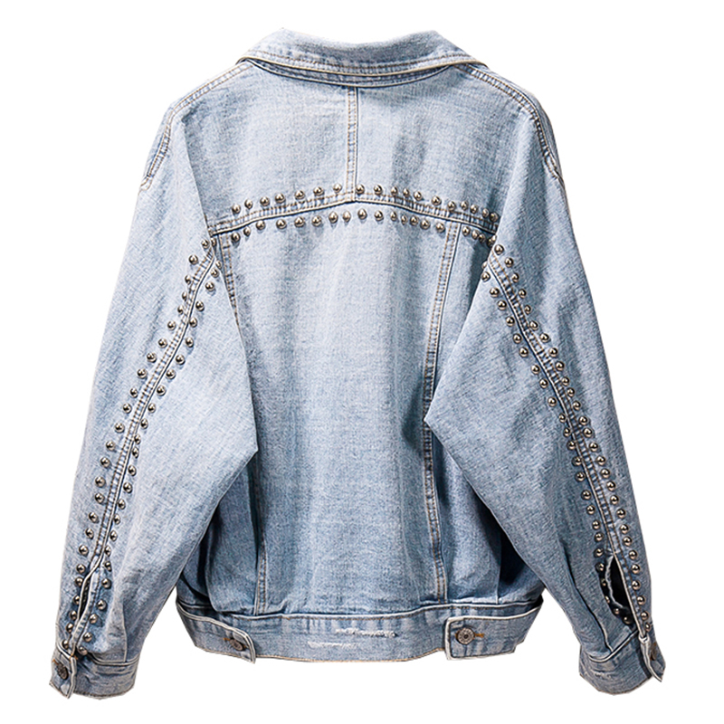 

Sokotoo Women's rivets holes ripped jean jacket Plus large size loose denim coat Outerwear, Blue