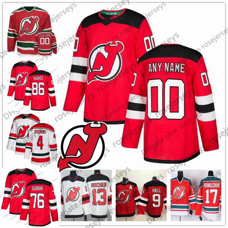 

Custom New Jersey Devils Jack Hughes PK Subban Any Number Name White Green Third Jersey men women youth kid Red Hall Hischier Stevens, Black;red