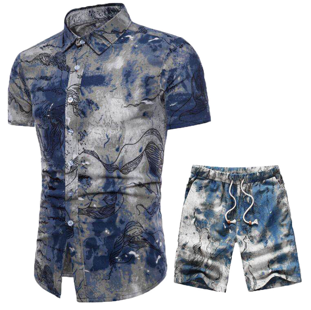 

Summer New Comfortable Fashion Short Sleeve And Short Pants Printing Men's Suit, Blue