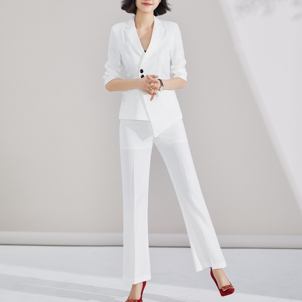 

White Leisure Time Occupation Woman Suit Solid Irregular Hem Slim Set Two-piece Quality Fashionable Elegant Short Sleeve Coat, Black suit