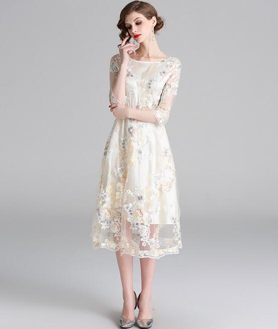 

Elegant temperament summer flora Embroidery lace printed dress girl Mid-Calf dresses street style dress 3/4 sleeve slim fit skirts, White