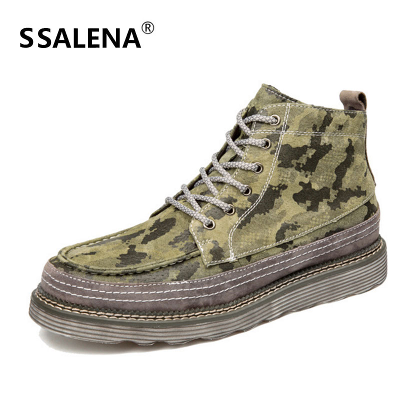 

Men Classic Genuine Leather Ankle Boots Vintage Camouflage Lace Up Short Boots Fashion High Top Oxfords Shoes 11702, Black