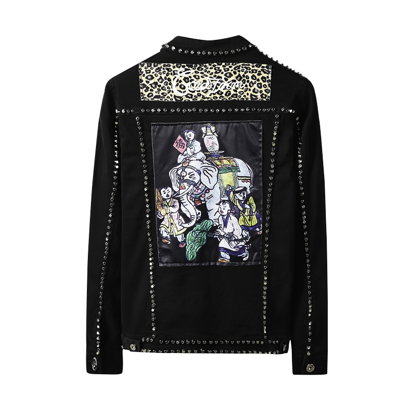 

Leopard Hip Hop Denim Jacket Rivet Punk Mens Denim Jacket Painting Patchwork Streetwear Fashion Jeans 2020 New Outwear, Black