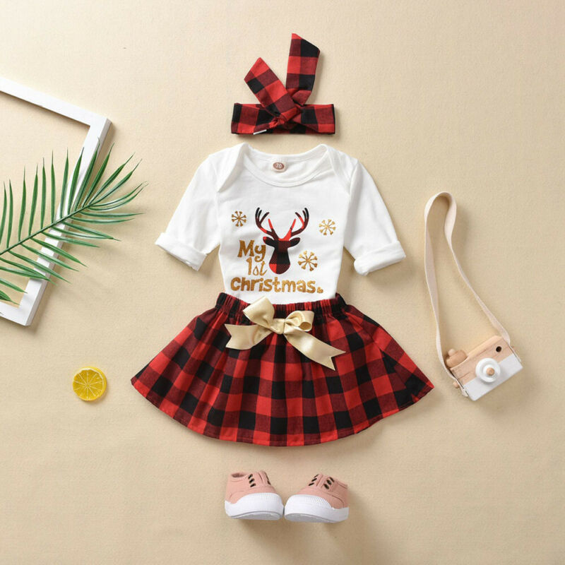

3pcs Newborn Infant Baby Girls My 1st Christmas Bodysuit Bodysuit +Plaid Skirt +Headband Outfits Clothes, White