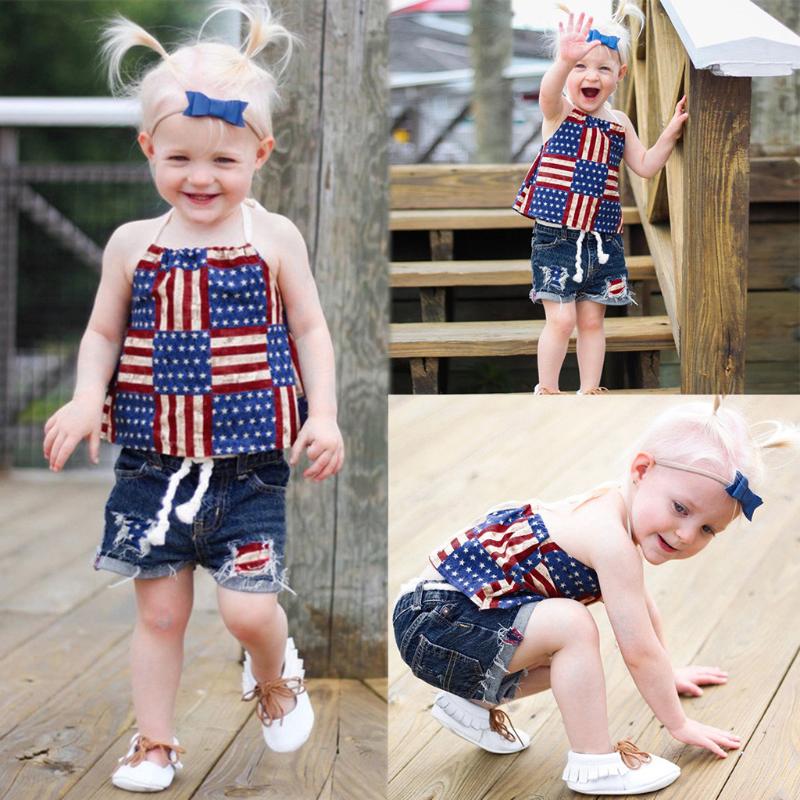 

Toddler Baby Clothes 4th Of July Stars Stripe Print Patriotic Tops+denim Shorts Outfits Independence Day Kid Baby Girl Clothes, Red