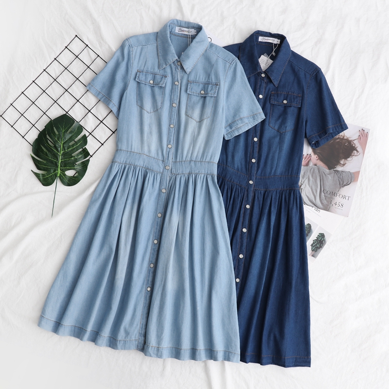 

Summer Denim Dress Women Fashion Casual Single Breasted Slim Long Elegant Office Vintage Vestidos short sleeves Jeans Dresses, Light blue