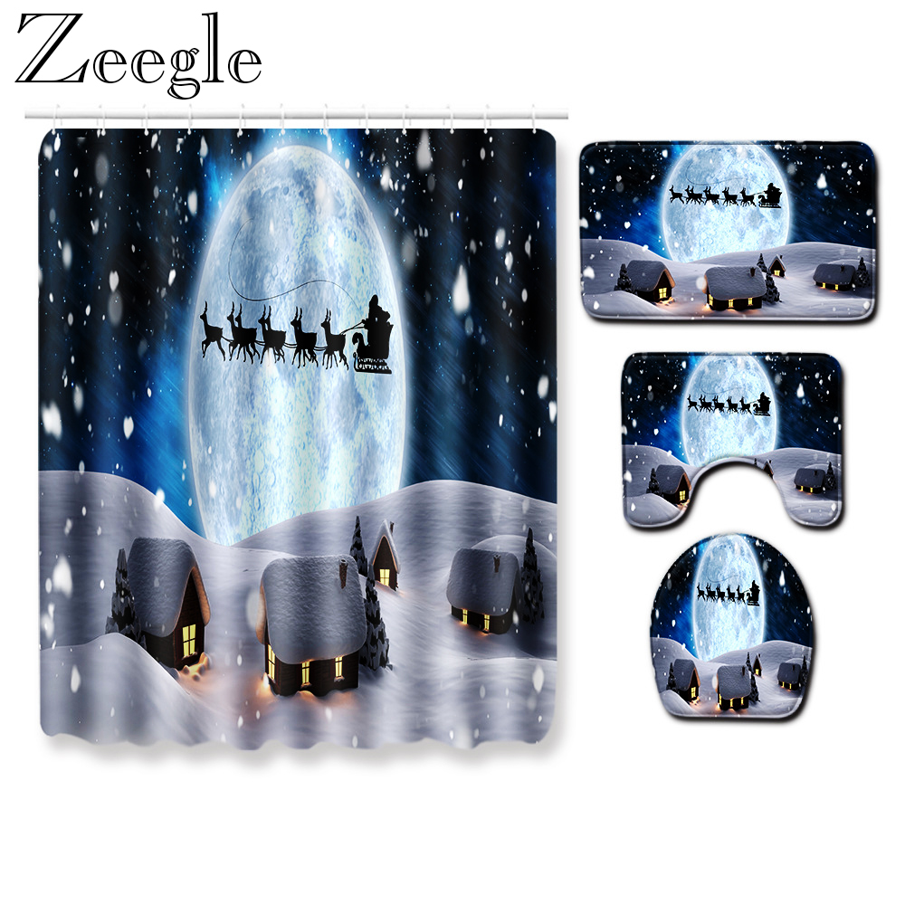 

Zeegle Waterproof Shower Curtain Christmas Bath Curtain Absorbent Toilet Cover Mat Anti Slip Bathroom Rug Washable Bath Mat Set
